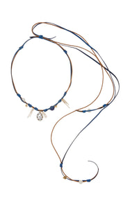 Sparkling Blue Sky Knotted Leather 18K Yellow Gold Pearl, Sapphire, and Lapis Necklace Joie DiGiovanni Necklace Joie DiGiovanni