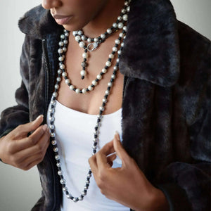 Long Knotted Pearl and Leather Necklace w/ Gray Pearls Joie DiGiovanni