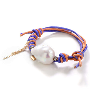 Grapefruit Baroque Pearl Gold Heart, Chain and Diamond Leather Bracelet - Joie DiGiovanni 