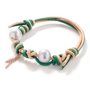 Rainforest Pearl Rose Gold Flower Chain Leather Bracelet - Joie DiGiovanni 