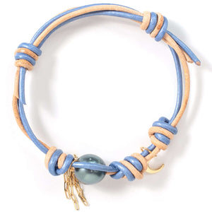 Summer Blue South Sea Pearl Gold Moon Chain Leather Bracelet - Joie DiGiovanni 