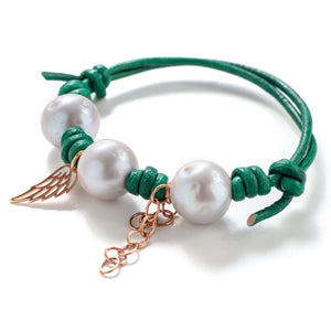 Seaweed Pearl Rose Gold Angel Wing Chain Leather Bracelet - Joie DiGiovanni 