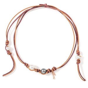Santorini Sunset South Sea Rocker Pearl Rose Gold Flower Chain Leather Necklace - Joie DiGiovanni 