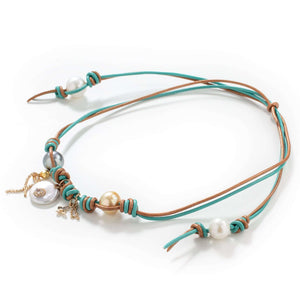 Golden Turquoise Gemburst Pearl Gold Leather Necklace - Joie DiGiovanni 