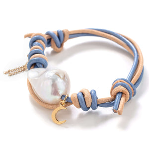 Blue Summer Baroque Pearl Gold Moon Chain Leather Bracelet - Joie DiGiovanni 