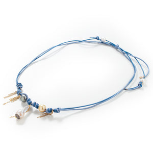 Ombre Blue Sky Rockstar Pearl, Diamond and Gold Chain Leather Necklace - Joie DiGiovanni 