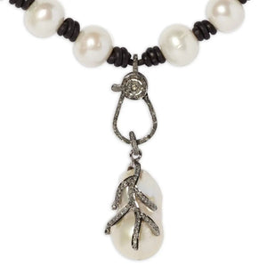 Diamond Lobster Clasp Knotted Leather and Pearl Choker with Pearl and Diamond Enhancer Joie DiGiovanni