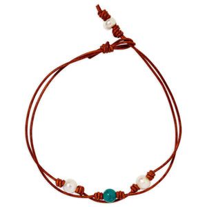 Double Strand Pearl and Leather Turquoise Choker Joie DiGiovanni