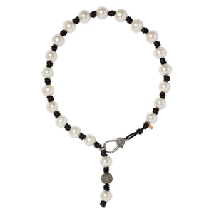 Knotted Leather and Pearl Necklace With Diamond Clasp and Drop Joie DiGiovanni