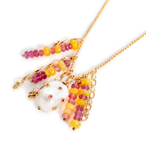 Raspberry Sorbet Rainbow Chain Pearl Oasis Charm Drop Curb Chain Necklace Joie DiGiovanni