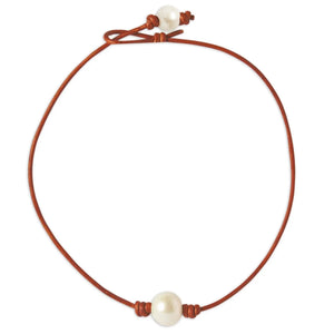Single Freshwater Pearl and Leather Choker- Cognac Joie DiGiovanni