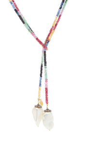 Ruby, Emerald, and Sapphire Baroque Pearl Classic Gemstone Lariat with Diamonds - Joie DiGiovanni 