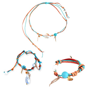 Turquoise Beach Angel Pearl Gold Charm and Chain Leather Set Joie DiGiovanni JEWELRY SET Joie DiGiovanni