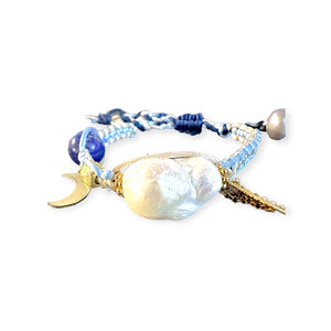 Blue Sky Angel Baroque Pearl Lapis and Gold Rocker Silk Bracelet Joie DiGiovanni Bracelet Joie DiGiovanni