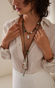 Knotted Leather 18K Yellow Gold Pearl, Malachite Necklace Joie DiGiovanni Necklace Joie DiGiovanni