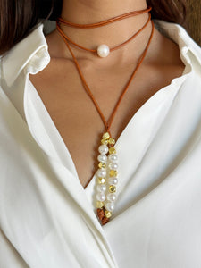 Leather, Pearl, and Nugget Lariat (Multiple Colors) Joie DiGiovanni Necklace Joie DiGiovanni