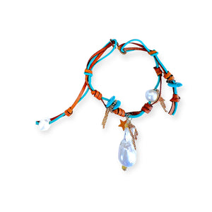 Turquoise Beach Angel Pearl Gold Charm and Chain Leather Set Joie DiGiovanni JEWELRY SET Joie DiGiovanni