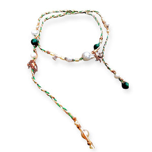 GREEN WITH ENVY PEARL MALACHITE ROSE GOLD LUCKY CHARM SILK ROCKER LARIAT Joie DiGiovanni Necklace Joie DiGiovanni
