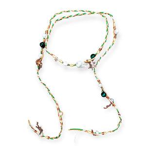 GREEN WITH ENVY PEARL MALACHITE ROSE GOLD LUCKY CHARM SILK ROCKER LARIAT Joie DiGiovanni Necklace Joie DiGiovanni