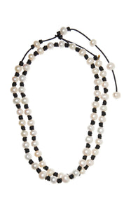 Long Knotted 12-14MM Pearl and Leather Necklace w/ Tail - Joie DiGiovanni 