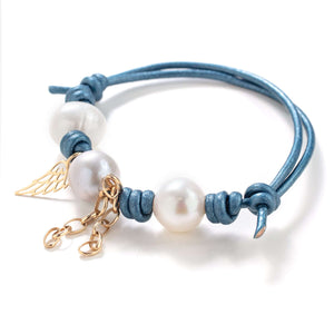 Metallic Ocean Pearl Gold Angel Wing Chain Leather Bracelet - Joie DiGiovanni 
