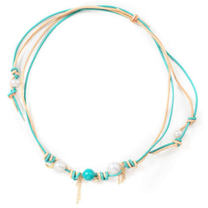 Turquoise Sand Pearl Rocker Gold Moon, Star and Chain Leather Necklace - Joie DiGiovanni 