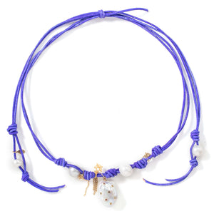 Purple Rainbow Dream Pearl, Gold Flower, Angel Wing Chain Leather Necklace - Joie DiGiovanni 