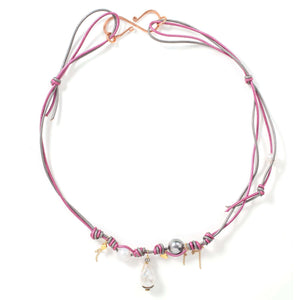 Barbie Rockstar Diamond Pearl, Gold Butterfly, Moon, and Chain Leather Necklace - Joie DiGiovanni 
