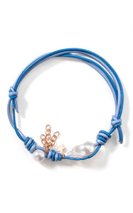 Ombre Blue Sky Baroque Pearl Gold Star and Chain Leather Anklet - Joie DiGiovanni 