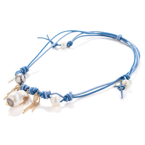 Blue Ocean Diamond Rockstar South Sea Pearl Gold Chain Leather Necklace - Joie DiGiovanni 