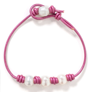 Metallic Hot Pink Leather Pearl Anklet - Joie DiGiovanni 