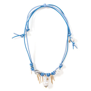 Blue Ocean Diamond Rockstar South Sea Pearl Gold Chain Leather Necklace - Joie DiGiovanni 