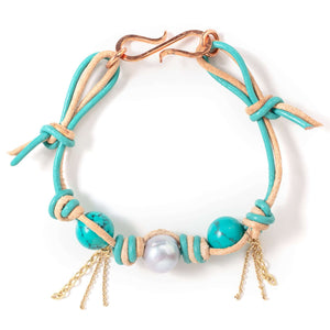 Mexican Turquoise Pearl Gold Chain Rocker Leather Bracelet - Joie DiGiovanni 