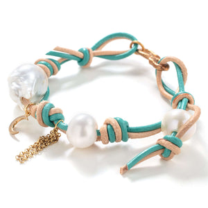 Turquoise Sand Baroque Pearl Gold Moon Chain Leather Anklet - Joie DiGiovanni 