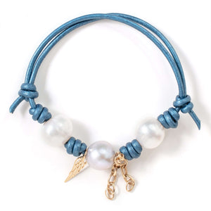 Metallic Ocean Pearl Gold Angel Wing Chain Leather Bracelet - Joie DiGiovanni 