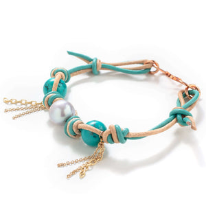 Mexican Turquoise Pearl Gold Chain Rocker Leather Bracelet - Joie DiGiovanni 