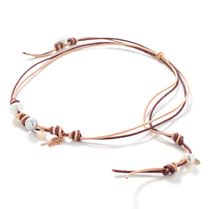 Desert Sand Pearl Rocker Rose Gold Flower Chain Leather Necklace - Joie DiGiovanni 