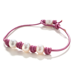 Metallic Hot Pink Leather Pearl Anklet - Joie DiGiovanni 