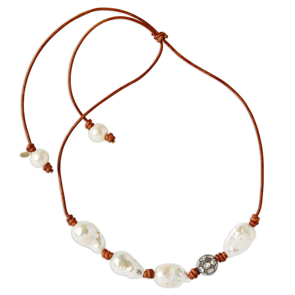 Baroque Pearl and Moonstone Diamond Leather Necklace