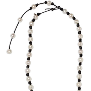 Long Knotted 12-14MM Pearl and Leather Necklace w/ Tail Joie DiGiovanni