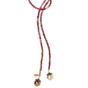 Pink Tourmaline and Golden Peacock Tahitian Pearl Classic Gemstone Lariat Joie DiGiovanni