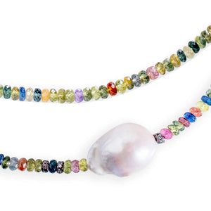 Rainbow Sapphire Diamond Baroque Pearl Necklace Joie DiGiovanni