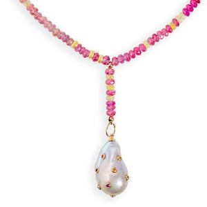 Raspberry Sherbert Sapphire Baroque Pearl Drop Necklace Joie DiGiovanni