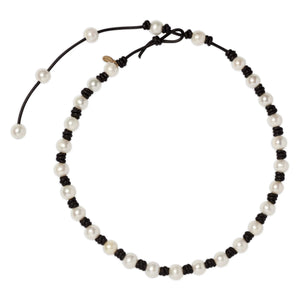 The Classic Knotted Pearl and Leather Necklace with Tail Joie DiGiovanni