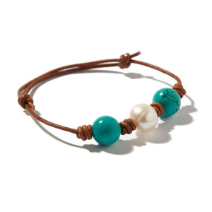 Turquoise Pearl and Leather Triple Knotted Bracelet Joie DiGiovanni