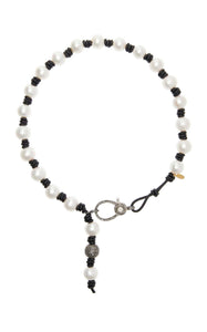 Knotted Leather and Pearl Necklace With Diamond Clasp and Drop - Joie DiGiovanni 