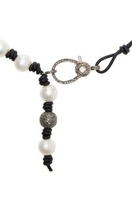 Knotted Leather and Pearl Necklace With Diamond Clasp and Drop - Joie DiGiovanni 